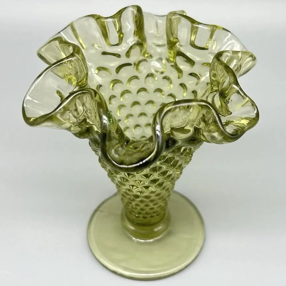 VTG Fenton Glass Hobnail Trumpet Vase Colonial Green 4” Ruffled Edge Footed 3952